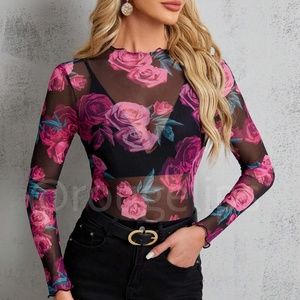 Black Lettuce Trim Long Sleeve Mesh Top Shirt Pink Roses Floral Print
